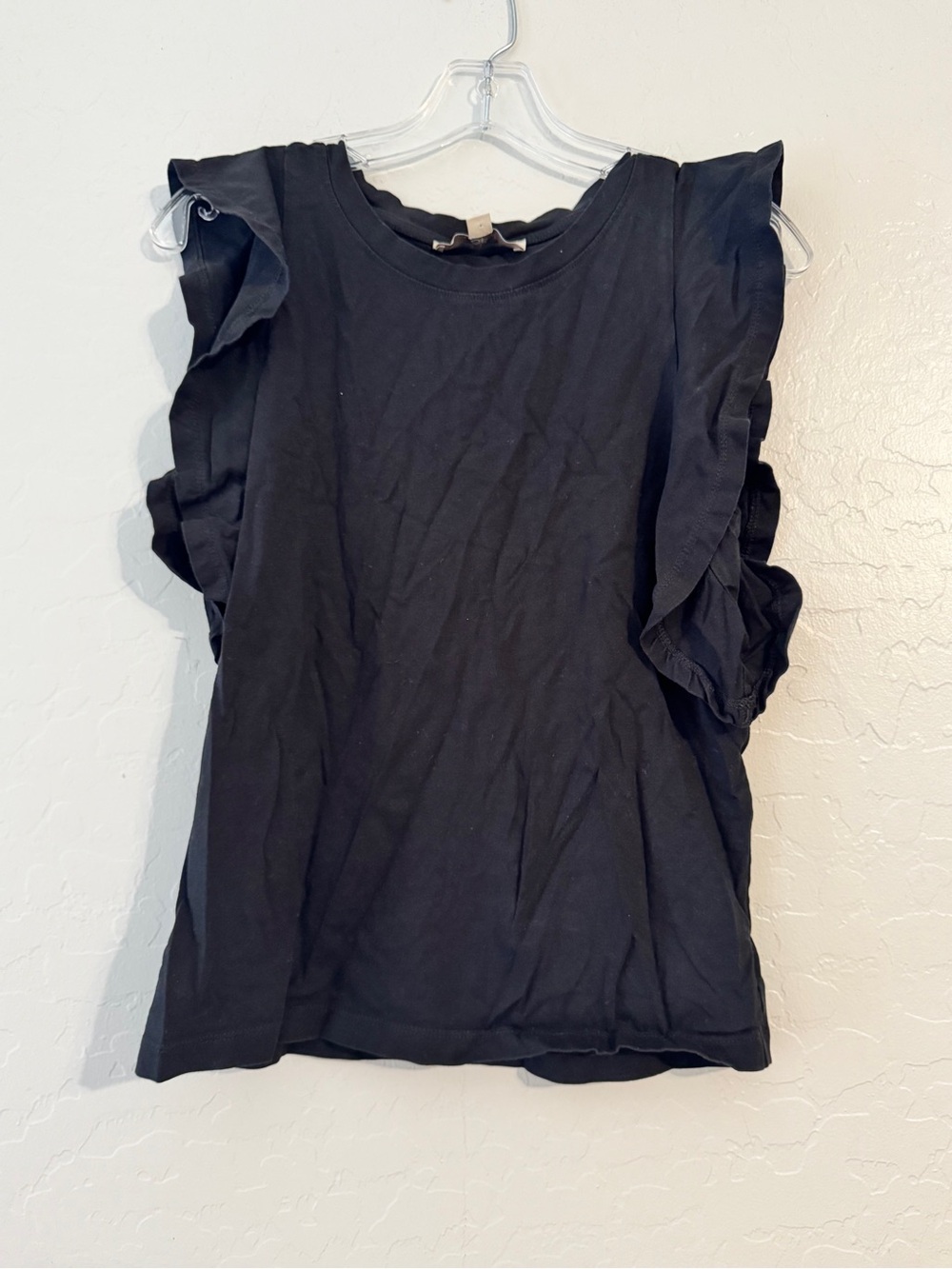 👚LOFT Black Solid Round Neck Pullover Ruffle Accent Sleeveless Top Women's XS
